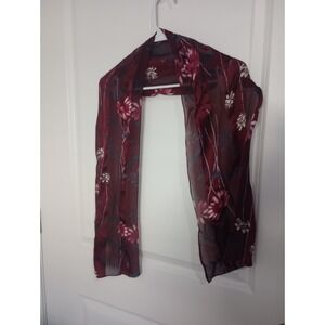 Sheer Burgundy Floral Chiffon Scarf 10" x 56" Lightweight Oblong Botanical